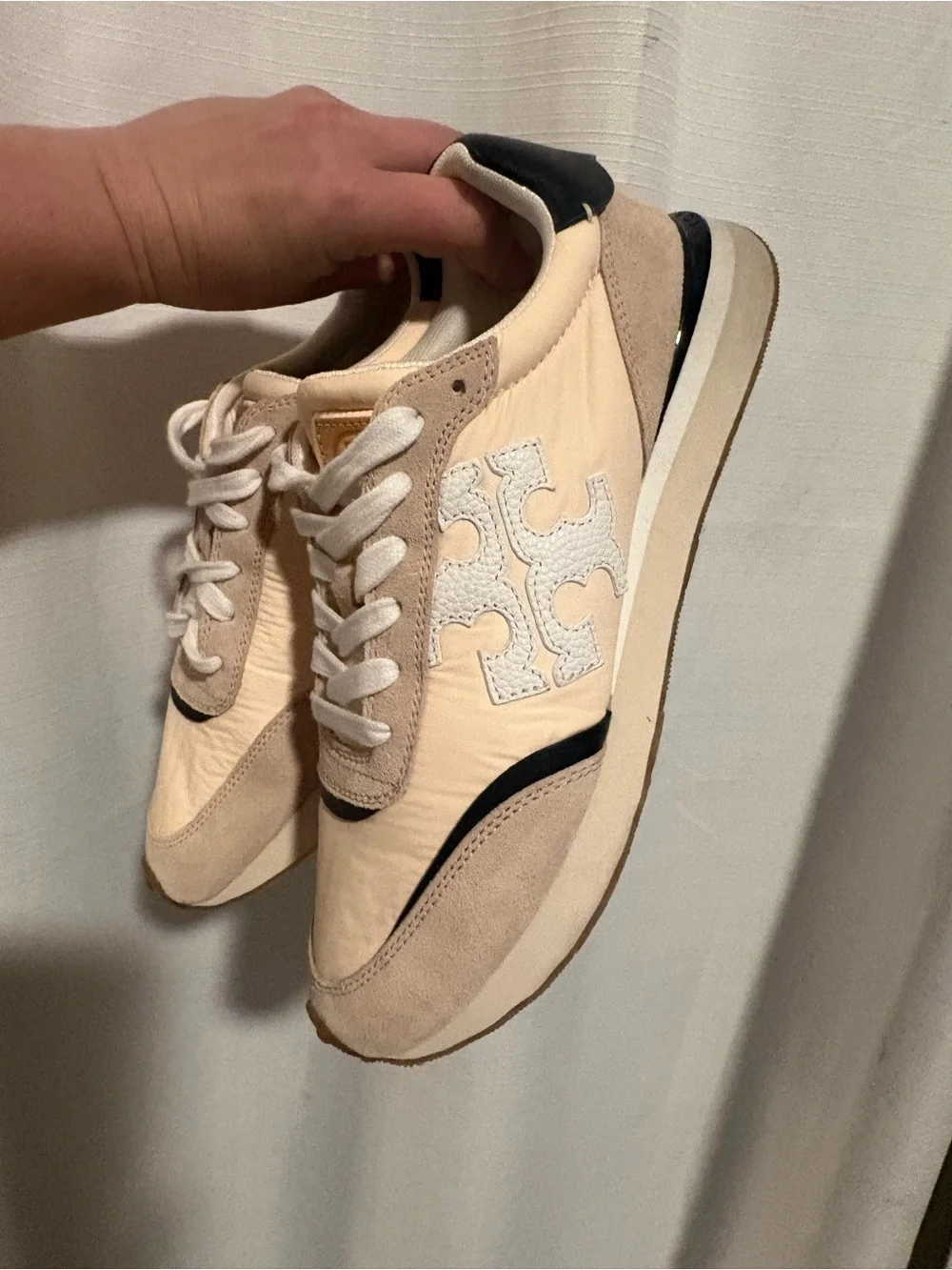 TORY BURCH DESTINY TRAINER SNEAKERS IN LEATHER/NYLON/SUEDE Size 7.5 Broken Lace